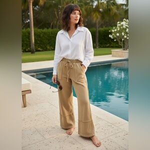 Easel Saffron Elastic Waistband Mineral Wash Wide Leg Palazzo Sweatpants
